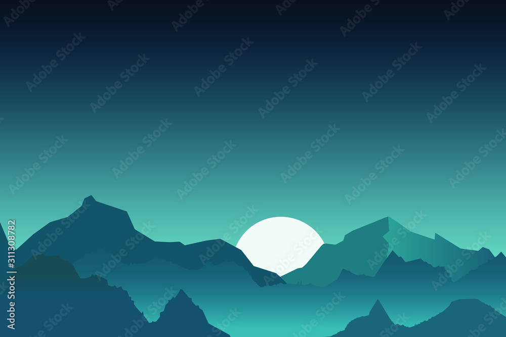 Beautiful night sky with moon behind the mountains. Moonlight. Forest. Background design.