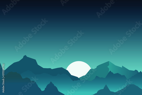 Beautiful night sky with moon behind the mountains. Moonlight. Forest. Background design.