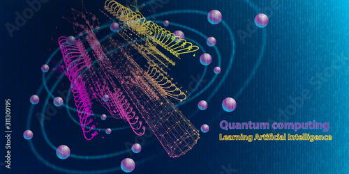 Quantum computer. Abstract tech background concept with qubit. Learning artificial intelligence element. Cryptography infographic vector. Big data algorithms visualization.