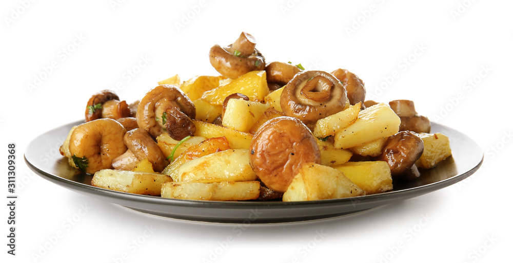Plate with tasty cooked mushrooms and potato on white background Plate with tasty cooked mushrooms and potato on white background