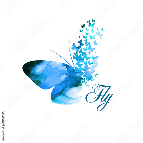blue paint butterfly. Abstract mosaic of butterflies. . Mixed media. Vector illustration