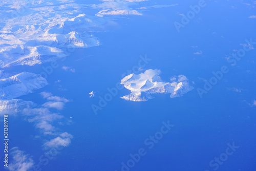 Aerial view of the Labrador Newfoundland area near Nutak and Nain, Canada, covered with ice and snow in winter