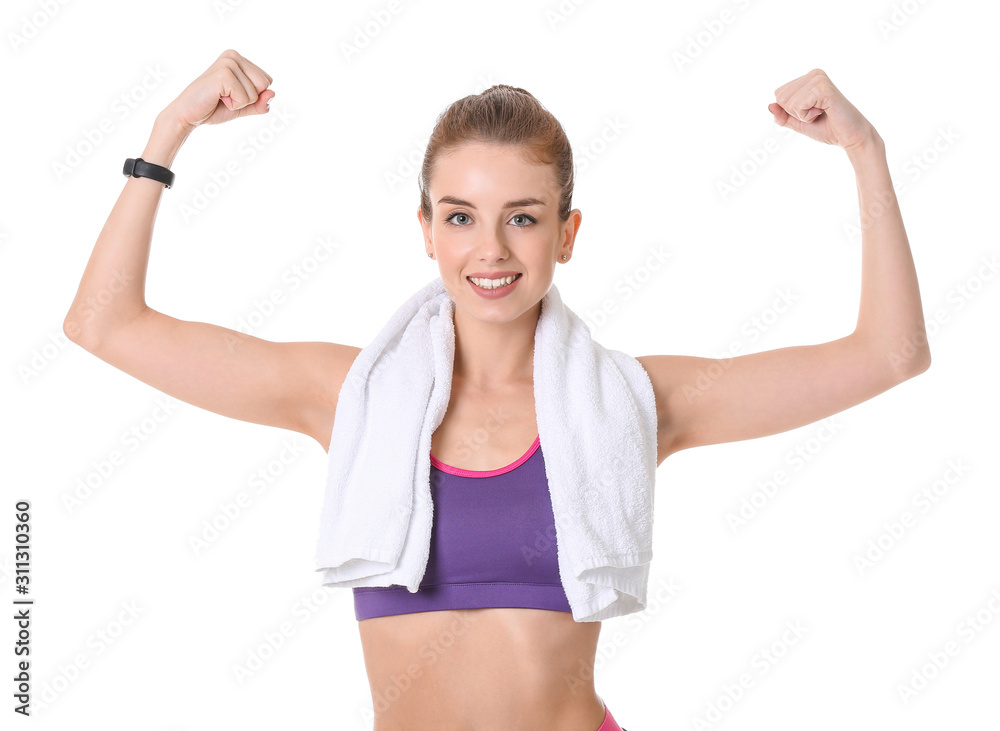 Sporty young woman on white background Sporty young woman on white background