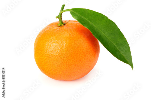 mandarin with green leaves isolated on white background