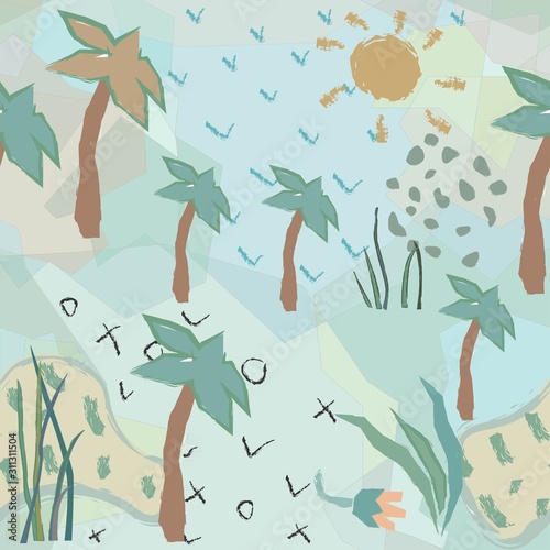 Cute Seamless Pattern with funny bear and fish pond. Unique Childish Design.