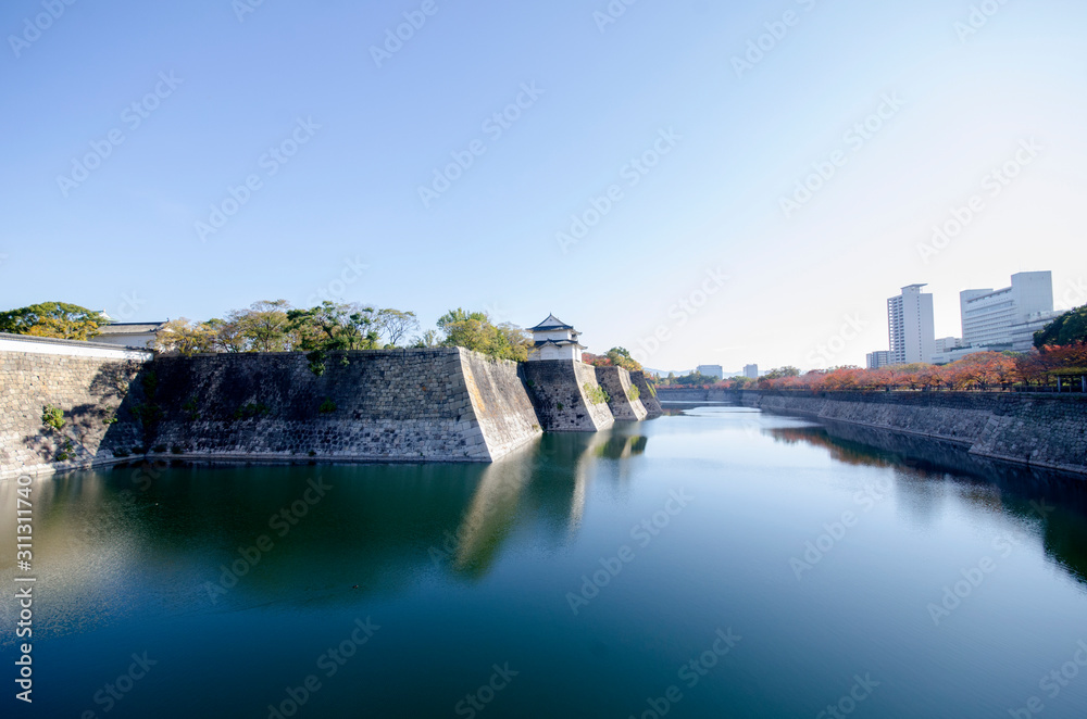 Fortification and ditch water around Osaka Castle for protection Fortification and ditch water around Osaka Castle for protection