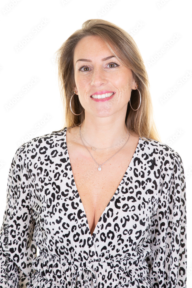 Portrait of nice attractive girl enjoying isolated over bright white background Portrait of nice attractive girl enjoying isolated over bright white background