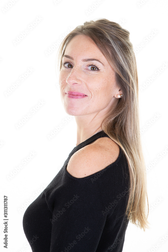 cheerful blonde Business Girl Smiling At Camera in Studio Shot cheerful blonde Business Girl Smiling At Camera in Studio Shot