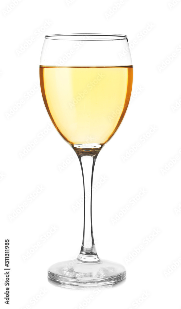 Glass of tasty wine on white background