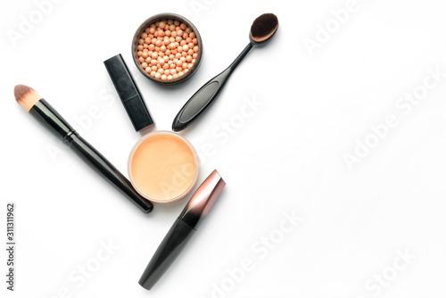 Set of decorative cosmetics and accessories on white background
