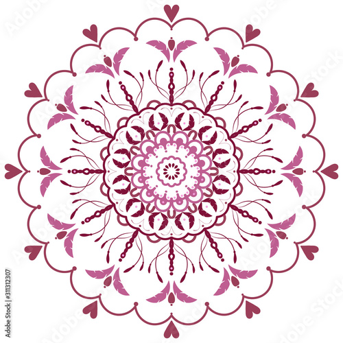 Vector hand drawn mandala with hearts and feathers. Ethnic mandala with colorful ornament. Isolated. Pink colors.