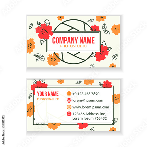 Creative business card temolate with diaphragm and flowers for a photographer in flat style. photo