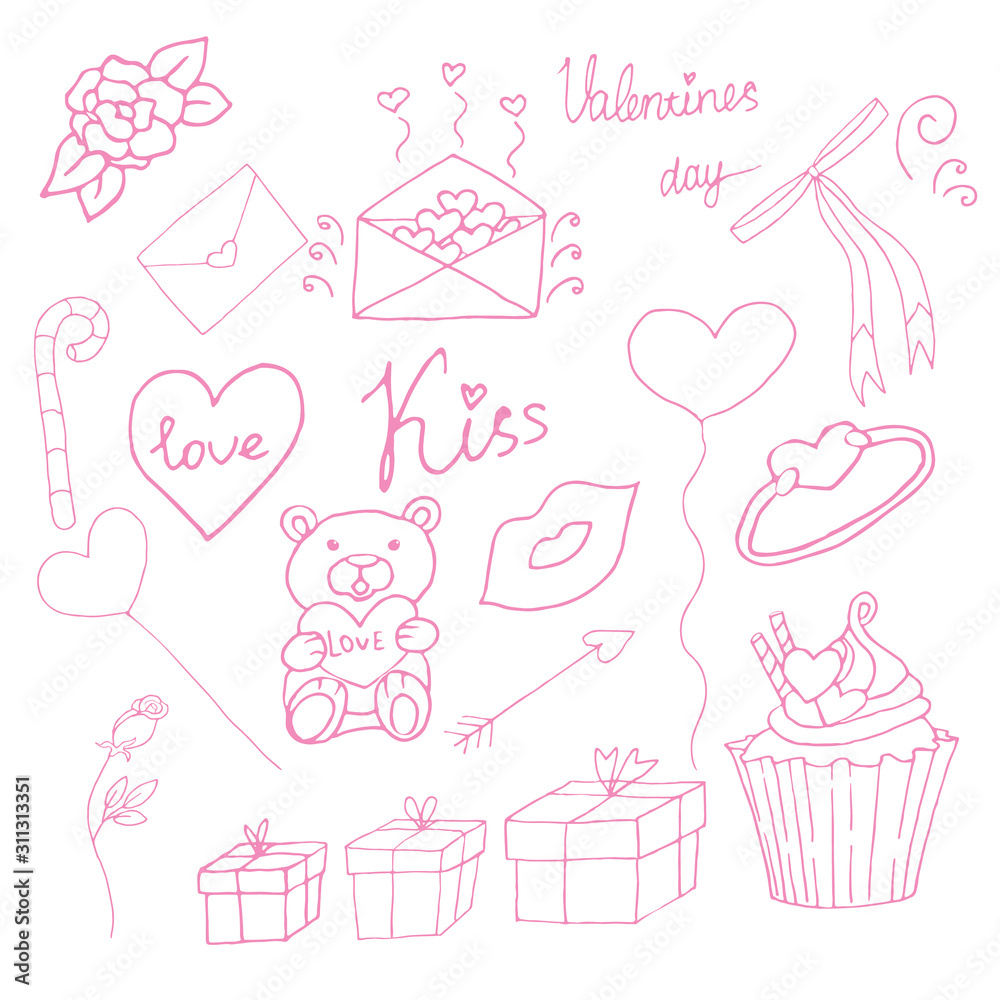 Hand drawn doodle cute valentine day elements: gifts, toy, cupcake, hearts, roses. Vector illustration. Pink outlines on white background. Elements for seasonal design, greeting cards, invitations etc