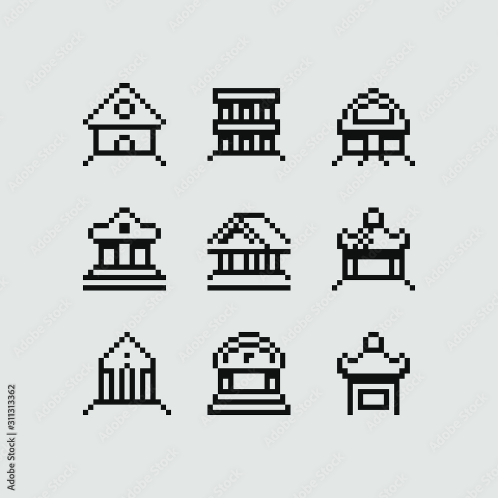 1bit  building icons set, logo, pixel art set, Ancient architecture, temple with columns, antique Column, arch isolated vector illustration. Design for app, sticker and web.
