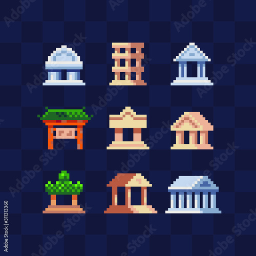 Building icons set, pixel art set, Ancient architecture, temple with columns, antique Column, arch isolated vector illustration. Design logo, app, sticker and web.