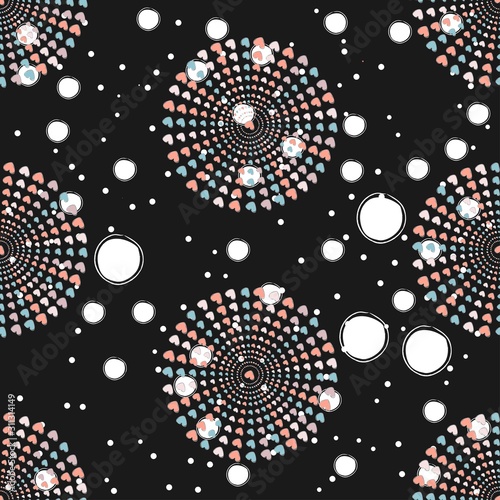 Seamless pattern, hand drawn hearts in brush organised into circles