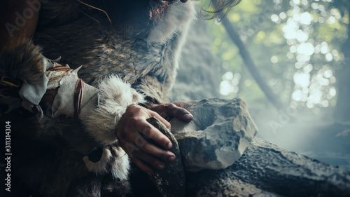 Cuadro en lienzo Closeup Shot of Primeval Caveman in Animal Skin Hits Rock with Sharp Stone, Makes First Primitive Tool for Hunting Animal Prey