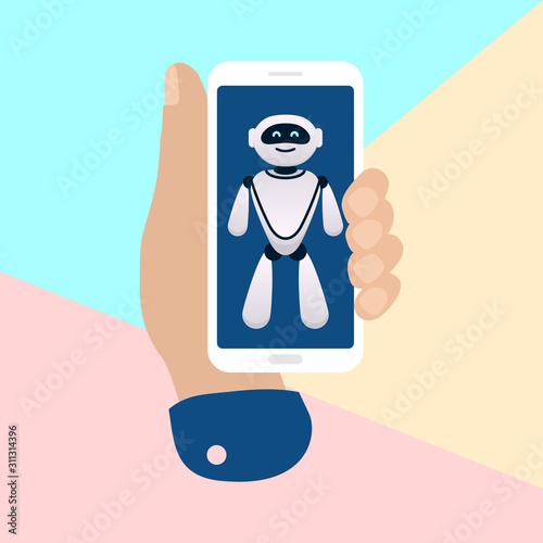 hand holding mobile phone with artificial chat robot bot on pastel colored blue and pink background