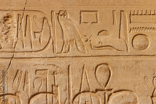 Ancient egyptian hieroglyphs on the wall in Karnak Temple Complex in Luxor, Egypt