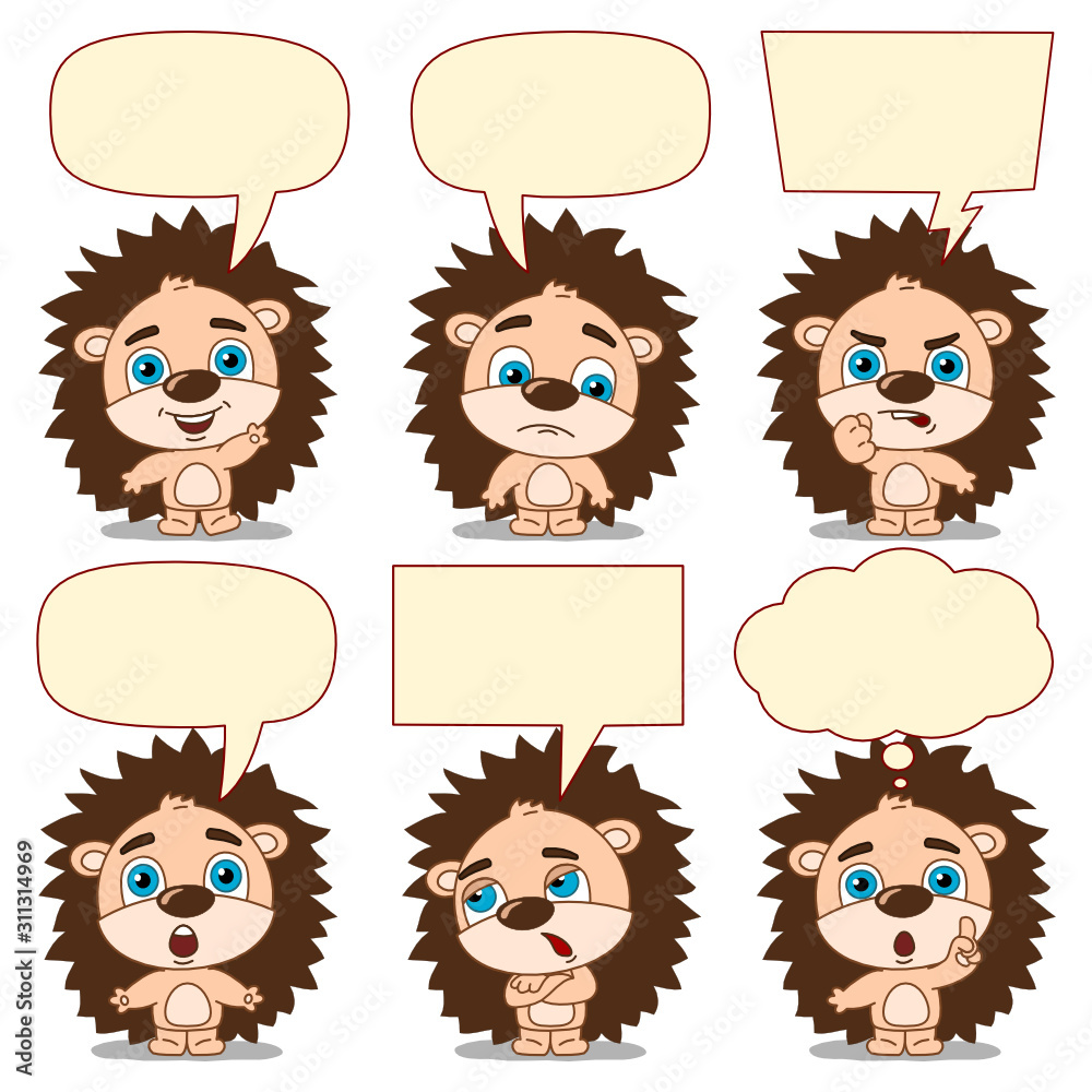 Collection of little hedgehog in different poses with speech bubbles isolated on white background