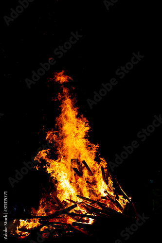 Bonfire that burns on a dark background, wood burning flame.