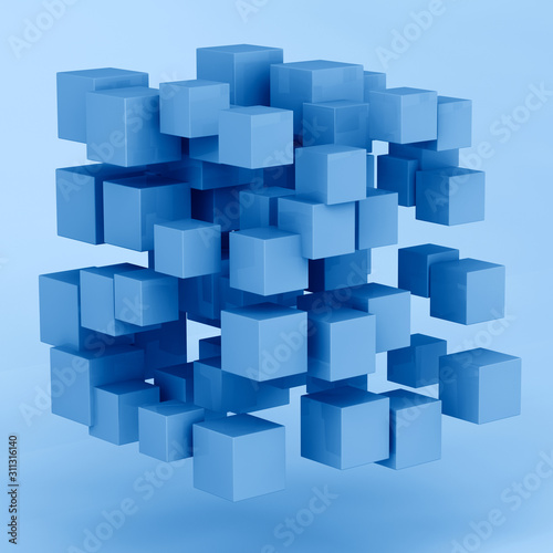 3D rendering abstract random shape from cubes toned in trendy Classic Blue color of the Year 2020