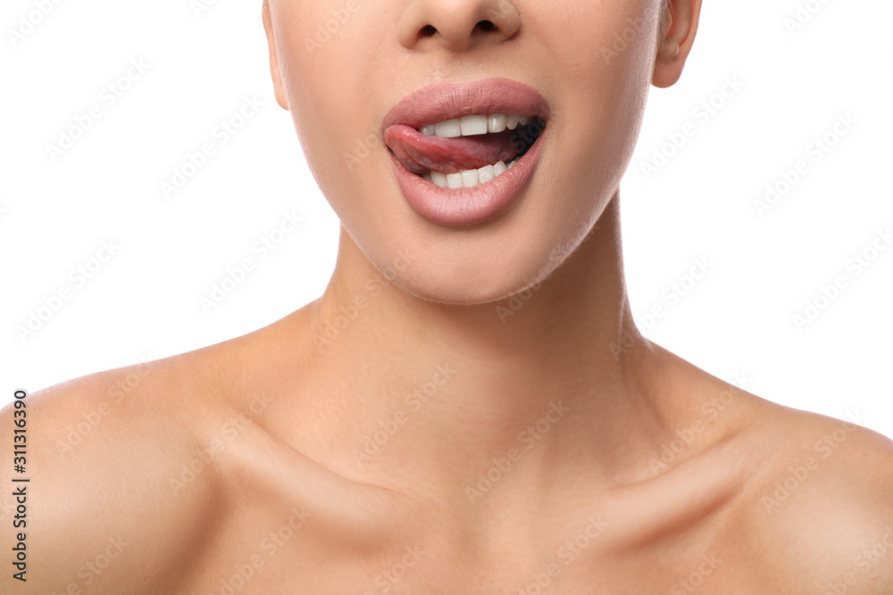 Obraz premium Woman with pink lipstick on white background, closeup