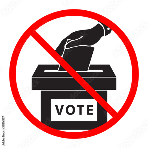 Flat hand putting vote bulletin into ballot box icon is crossed out with a red STOP sign. Election concept