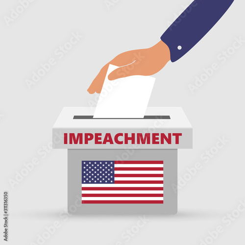  Flat hand putting vote bulletin into election box with flag icon. Impeachment  concept in USA