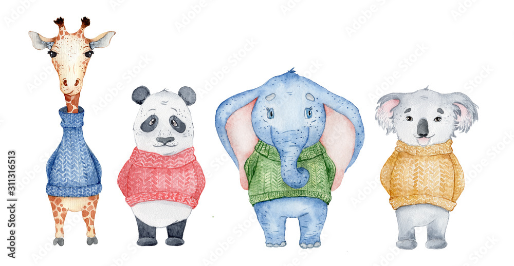 Obraz Watercolor animals character collection. Panda, giraffe, koala, elephant