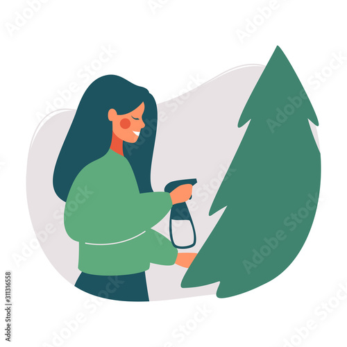 Young woman cares for Christmas tree. Reuse xmas tree. Green Christmas concept. Vector flat illustration