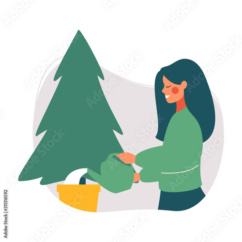 Young woman watering Christmas tree. Reuse xmas tree. Green Christmas concept. Vector flat illustration
