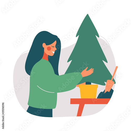 Young woman planted Christmas tree. Reuse xmas tree. Green Christmas concept. Vector flat illustration