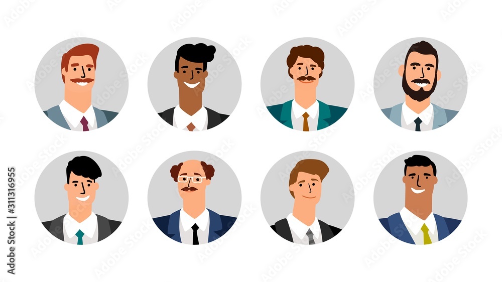 Business men avatars. Smiling male faces. Vector round banners with different nationality guys
