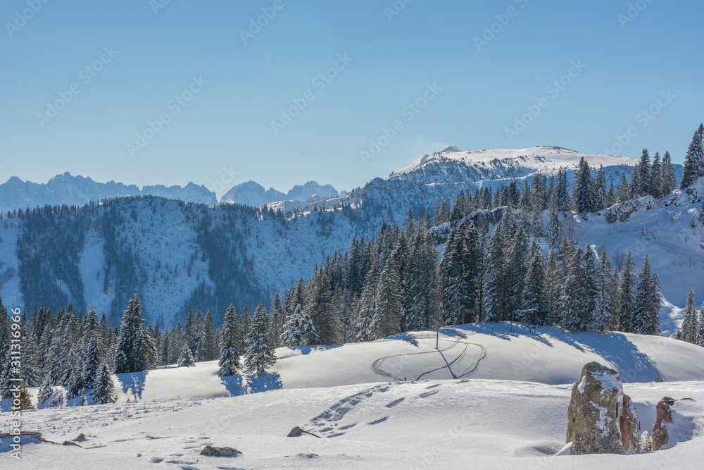 Berge und Bäume im Schnee mit Fußspuren