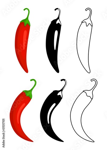 Peppers icons. Red hot chilli pepper, black and outline. Mexican or asian cuisine vector signs