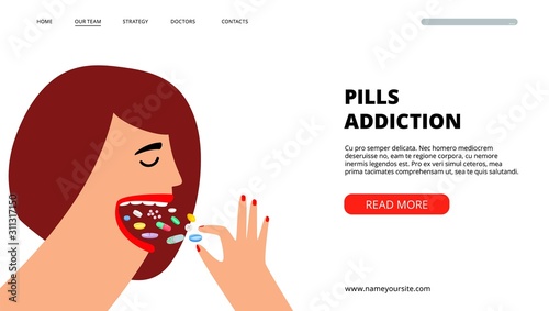 Pills addiction web page. Woman eat medication. Treatment and drugs, medical help vector landing page