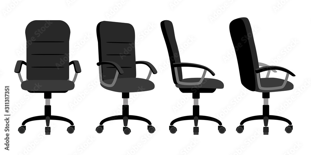 Office chair front and back. Vector minimal office chairs angle view isolated on white background, empty work stool with wheels vector illustration