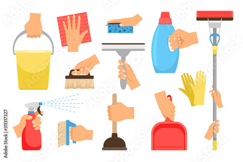 Hands with household equipment. Clean and dust houseworker hand set, household manipulations with spray detergents and cleaning tools