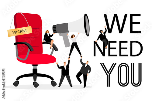 Hiring office chair. Hiring advertising with people wanted employees creative concept for business corporate vacancy message