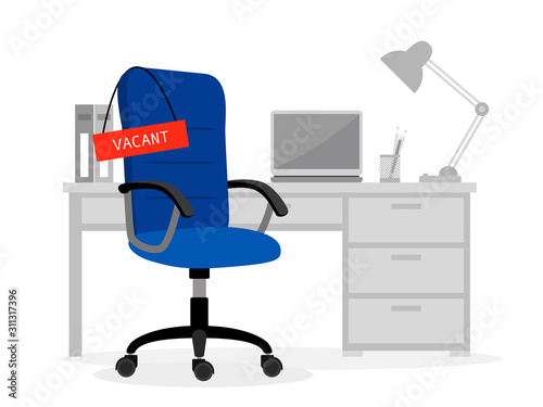 Empty office desk and vacant chair. Computer free job place cartoon vector illustration for vacancy concept, people hiring position