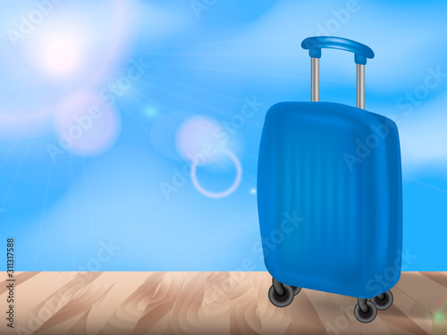 Sunny background with brown suitcase. Vector illustration for poster.