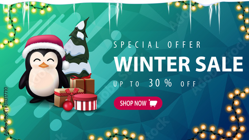 Special offer, winter sale, up to 30% off, green discount banner with icicles, garland, pink button, liquid shapes and penguin in Santa Claus hat with presents