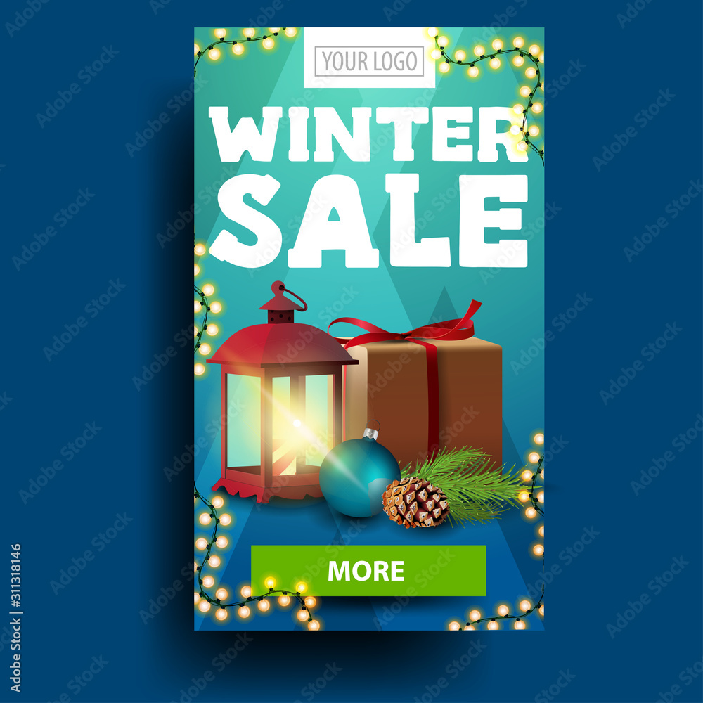 Modern blue vertical winter discount banner with present, vintage lantern and green button