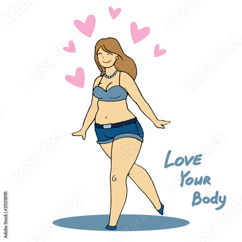 Feminism body positive illustration woman in swim suit . Love to own figure, female freedom, girl power isolated vector illustration on white background. Feminism concept.