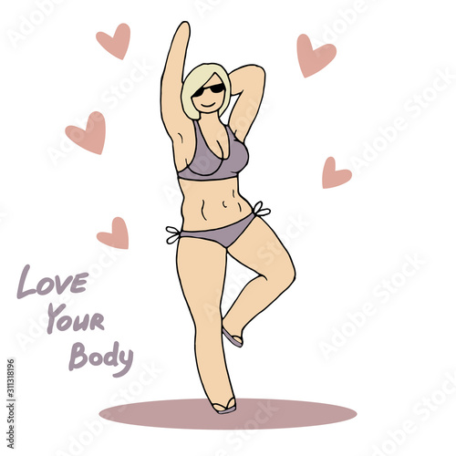 Feminism body positive illustration woman in swim suit . Love to own figure, female freedom, girl power isolated vector illustration on white background. Feminism concept.