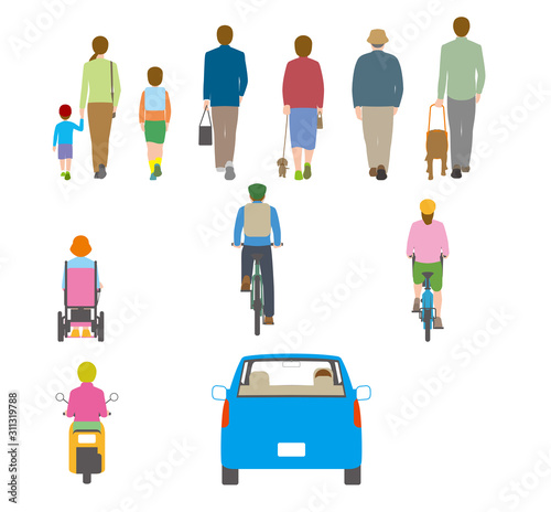 人、自転車、自動車を背後から見たイラスト