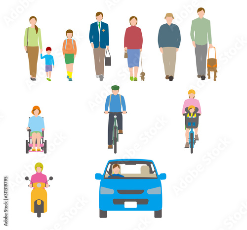 人、自転車、自動車を正面から見たイラスト