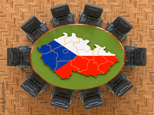 Czech Republic goverment meeting. Map of Czech Republic on the round table, 3D rendering photo