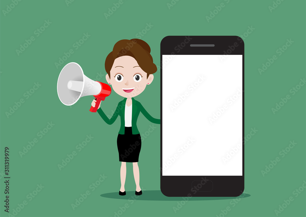 Happy business woman holding a megaphone beside big smart phone with blank white screen Happy business woman holding a megaphone beside big smart phone with blank white screen